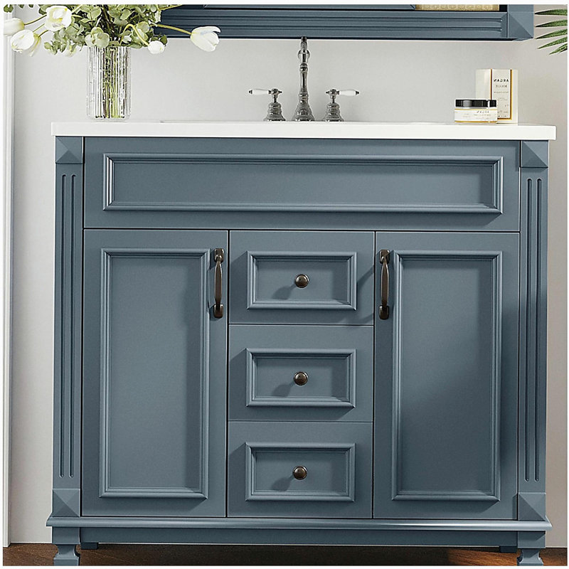 Meuble-lavabo 36 po avec lavabo supérieur, armoire de rangement moderne avec 2 portes à fermeture douce et 2 tiroirs, Bleu