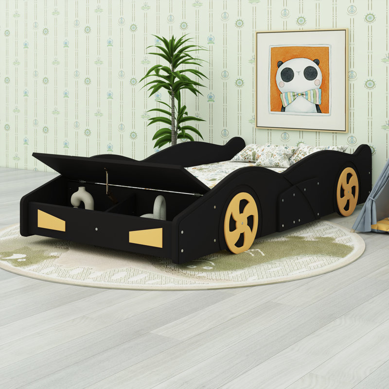 Lit plateforme de voiture de course en bois massif avec garde-corps, espace de rangement et roues, Lit simple, Noir