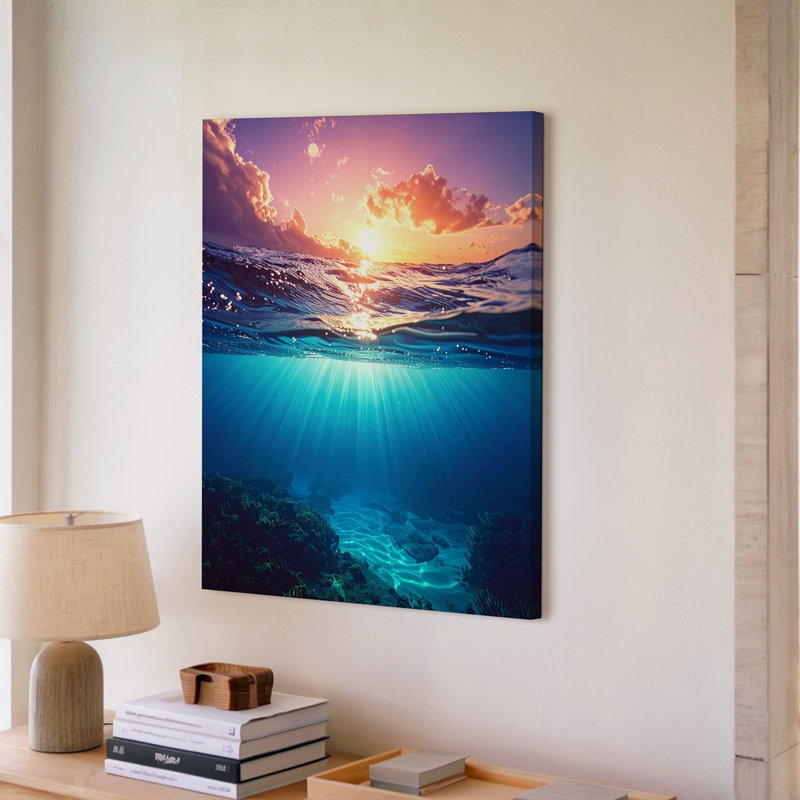 Art mural au-dessus et au-dessous de l'océan Canvassplit Point de vue coucher de soleil et toile sous-marine prête à être accrochée à la galerie