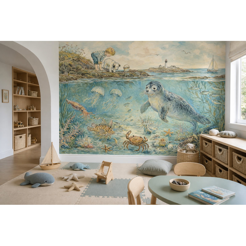 Papier peint scène de paysage marin, 160 po x 108 po, Peler et coller