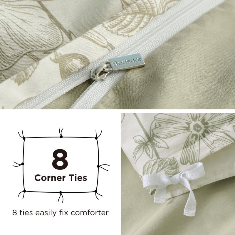 Bedsure Duvet Cover 100% Cotton Botanical Green with Zipper, Reversible Floral Bedding Comforter Cover