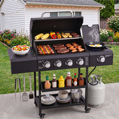 4-Burner Propane Gas Grill with Side Burner, 50,000 BTU Outdoor BBQ Grill with Warming Rack, Side Table & Wheels for Backyard Patio Barbecue Cooking
