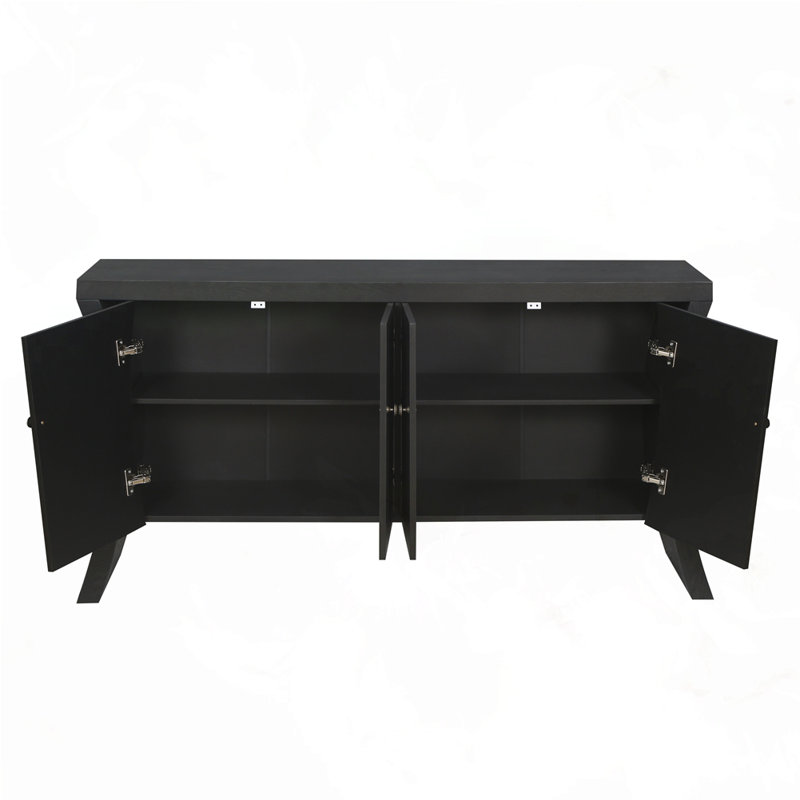 Industrial 4-Door Credenza with Wooden Arc Legs, Black