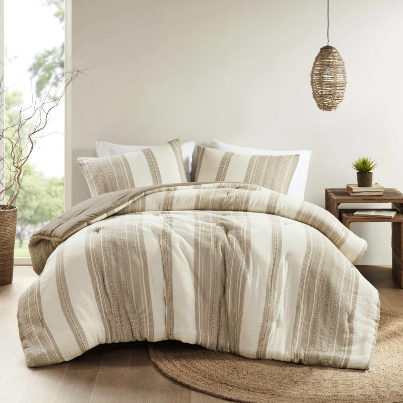 Édredon 3 pièces pour très grand / très grand lit - Esthétique avec motif rayé terreux, structure mixte gaufrée et gaze, 100% coton, sommeil relaxant surdimensionné, tout, surpiqûres, très grand, esthétique,