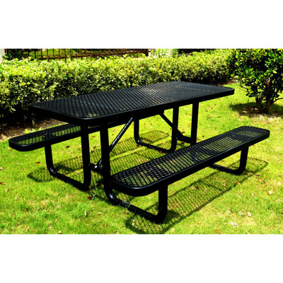 Table de pique-nique de 72 po en métal déployé en noir. Fabrication en acier avec trou pour parasol. Supporte 1 100 lb. Idéal pour les écoles, les parcs. Table rectangulaire noire à assemblage simple. Structure robuste. Peut supporter jusqu'à