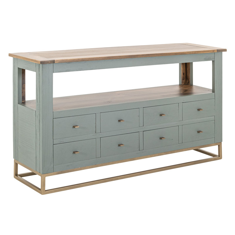 Table de canapé Timmy, 8 tiroirs, 1 tablette, bois de pin vert sauge, 55 pouces