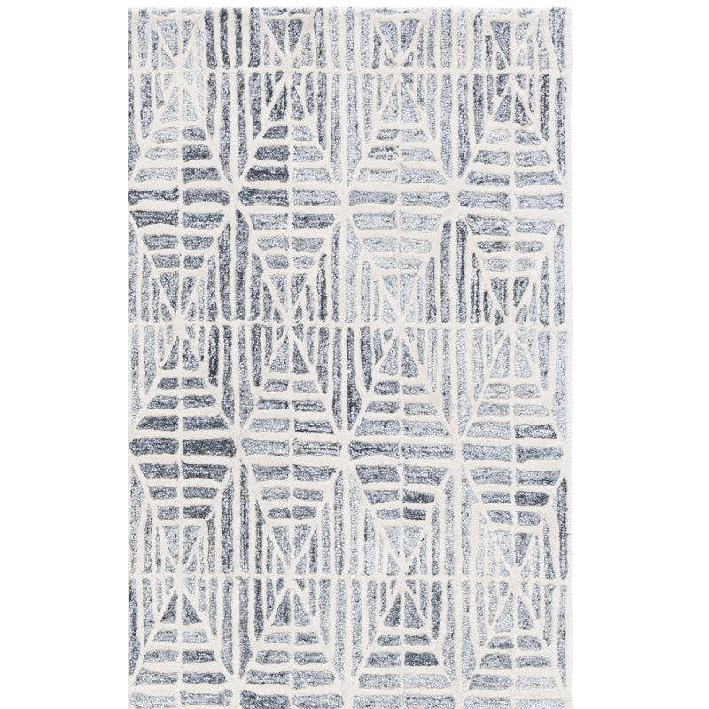 Tapis géométrique ivoire / gris en laine et viscose touffetés à la main Ebony, Tapis de couloir 2 pi 3 po x 9 pi