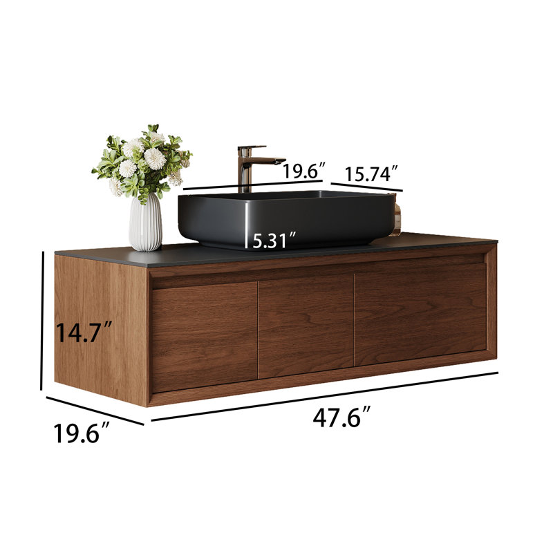 Meuble-lavabo simple 48 po en bois de noyer avec vasque en céramique noire, Noyer