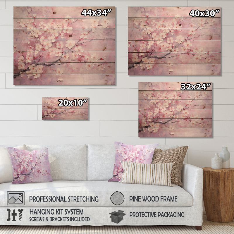 Minimalisme rose cerisier Bliss Tree - art mural en bois de cerisier en fleurs sur bois de pin naturel, H 10 po x l 20 po