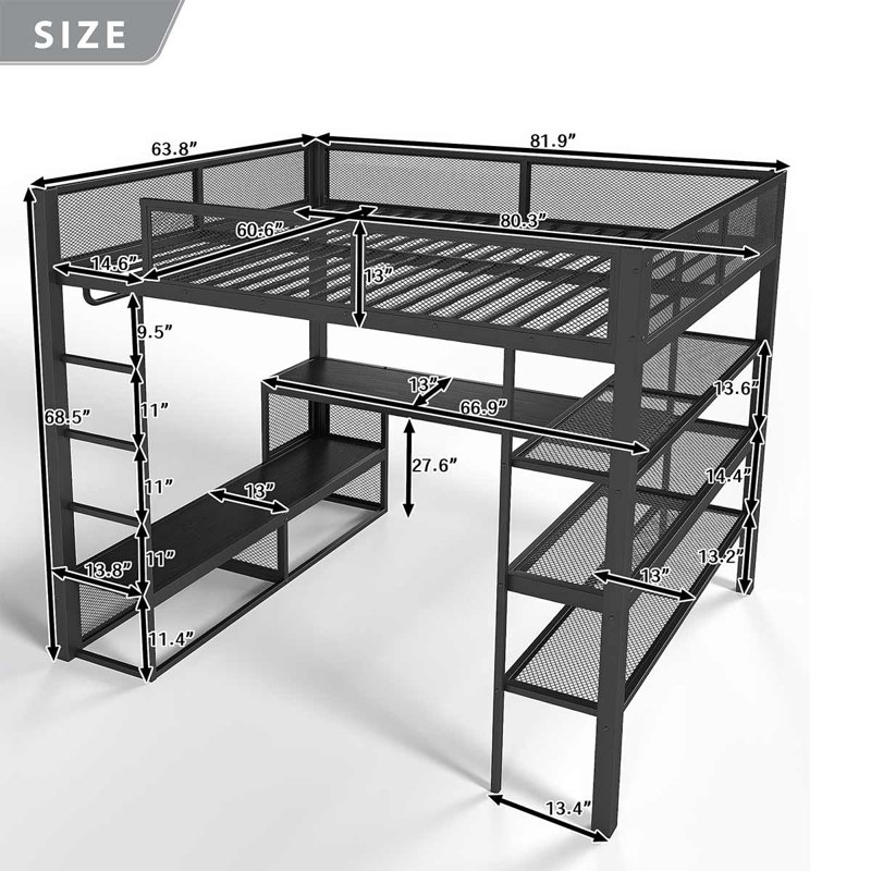 Grand lit mezzanine en métal avec tringle à vêtements et bureau avec tablettes de rangement, noir