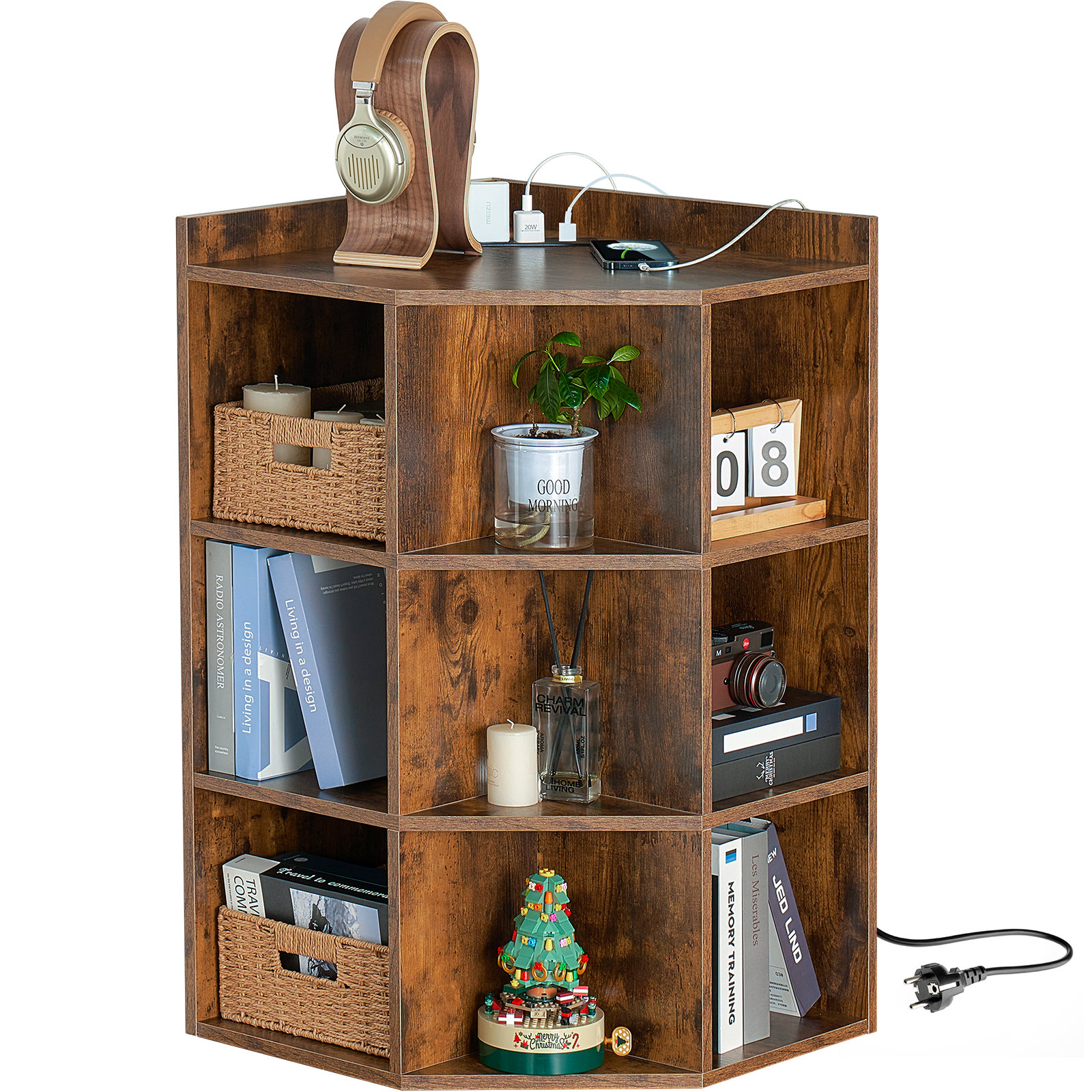 Corner Shelf Organizer with USB Port & Outlets, 9-Cubby Storage