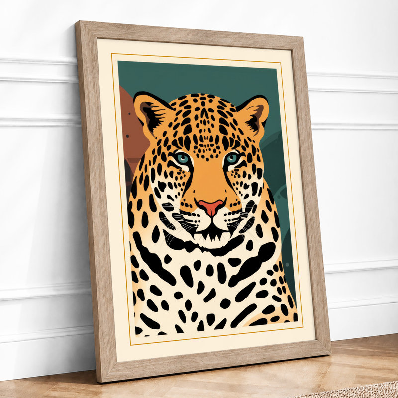 Leopard Portrait Geometric - Framed Print, A1 - 84.1 x 59.4 cm, Oak