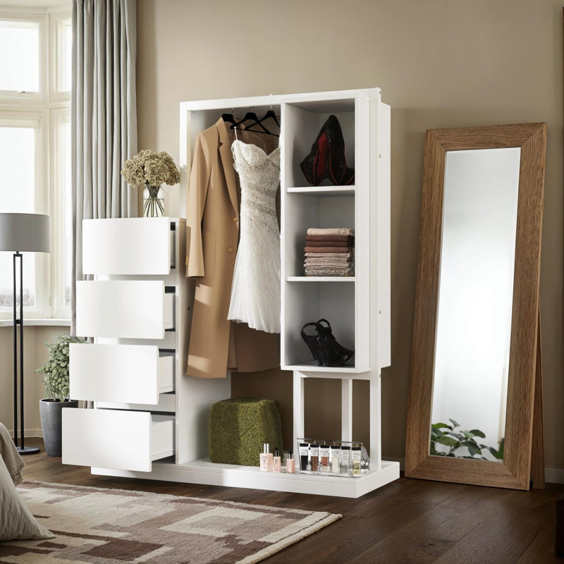 Armoire penderie à 4 tiroirs avec support à vêtements et tablettes à 3 niveaux