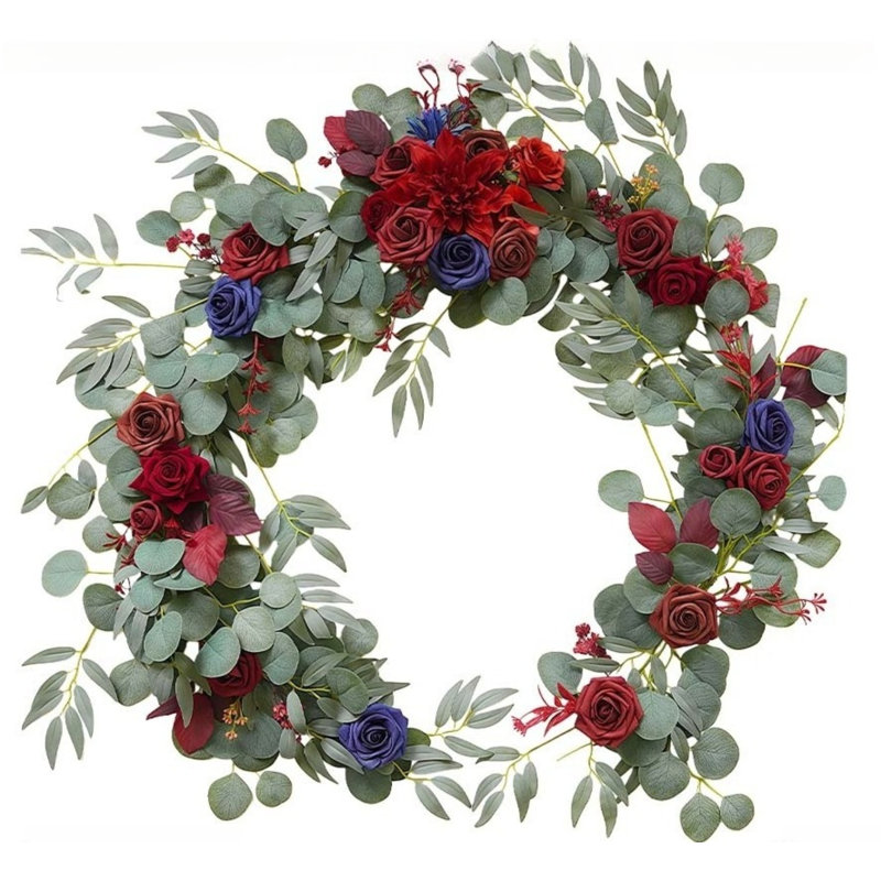 Guirlande de feuilles de saule eucalyptus avec fleurs, Rouge