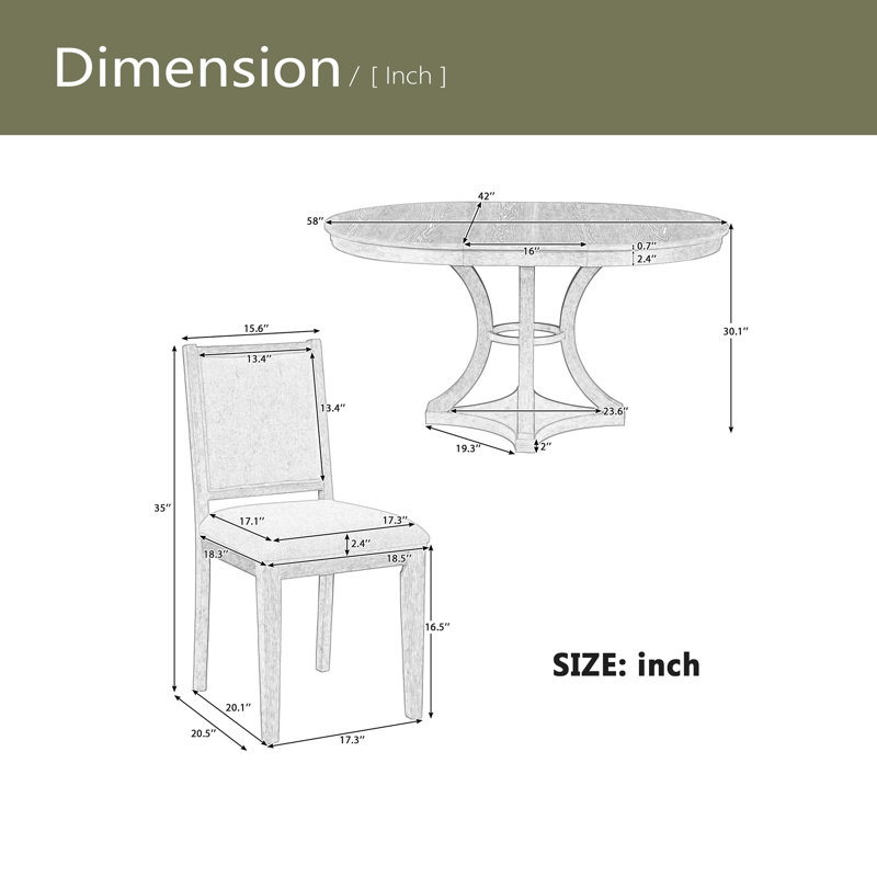 5-Piece Retro Functional Dining Table Set Extendable Round Table And 4 Upholstered Chairs, Natural