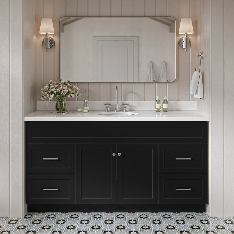 Ensemble de meuble-lavabo simple autoportant 67 po avec plateau en quartz blanc Abell, Noir