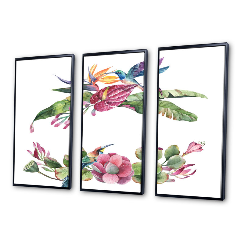 «Spring Bouquet With Pink Flowers III», ensemble de 3 impressions sur toile, Cadre noir, H 28 po x l 36 po x P 1 po