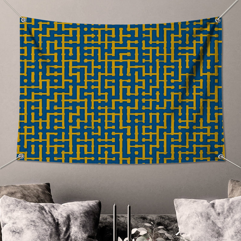 Blue Yellow Maze Wall Tapestry - Maze Wall Decor, 104in H x88 with 4 Grommets