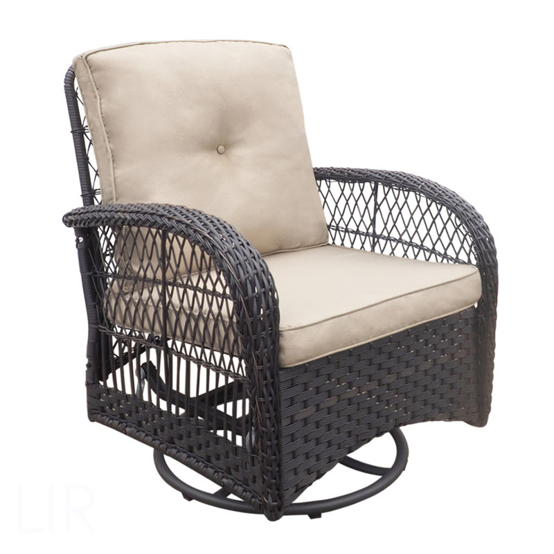 3 Pieces Conversation Set, Outdoor Wicker Rocker Swivel  Patio Bistro Set,  Rocking Chair With Glass Top Side Table,Khaki, Chair