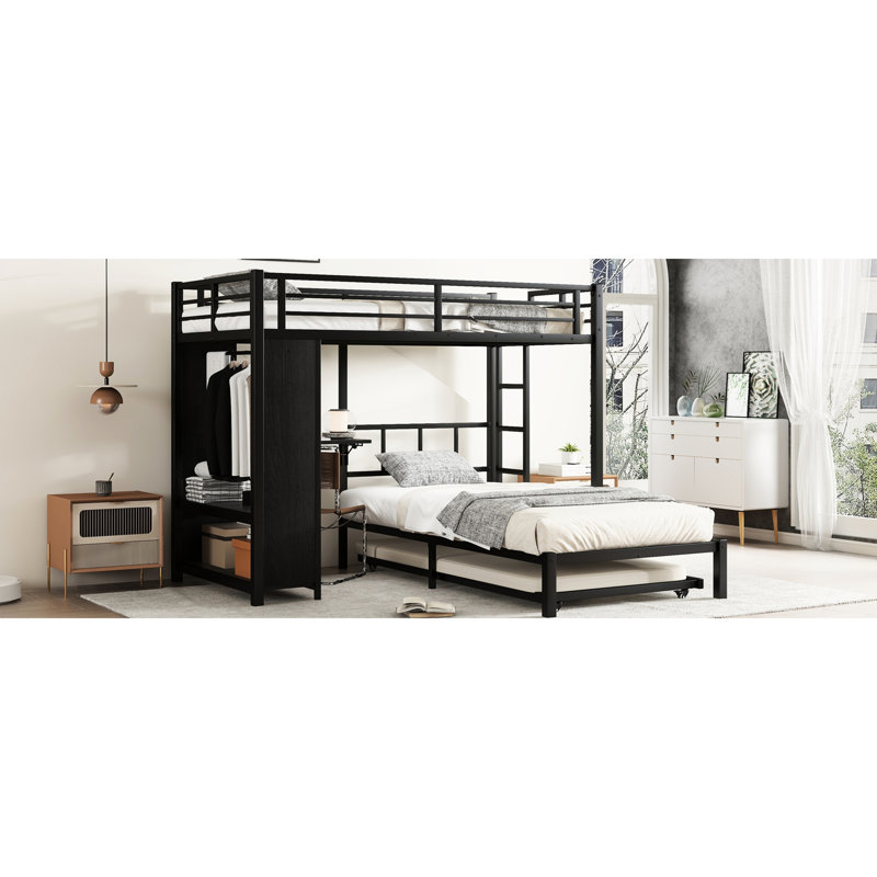 Lit superposé simple au-dessus de métal en noir avec une grande garde-robe encastrée, un lit gigogne coulissant, une surface de travail pliable et une structure de réduction du bruit, idéale pour les pièces multiples.