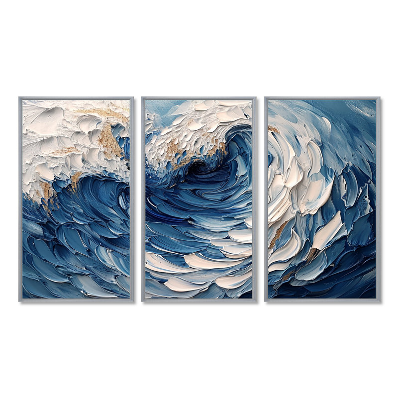 Daijanay - Ensemble d'art mural vagues côtières, Encadrement argenté, H 40 po x l 60 po x P 1 po