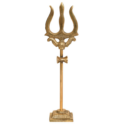 Small Brass Trishul with Damru – Handmade Hindu Trident Sculpture for Spiritual Home Décor & Shiva Worship