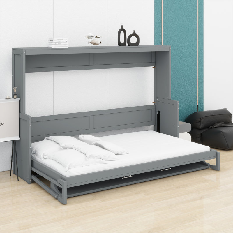 Lit escamotable avec mécanisme de levage hydraulique et conception de bureau intégrée, Gris