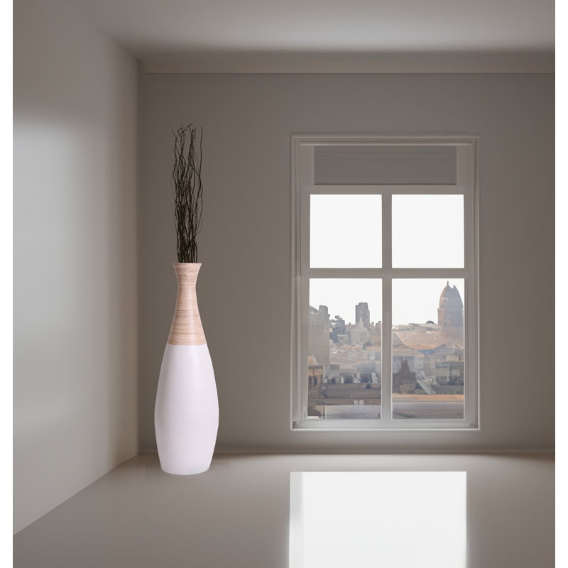 Percy 31.5 inch Spun Bamboo Tall Trumpet Floor Vase -Handmade Bamboo Vase, Floor Standing Vase, White