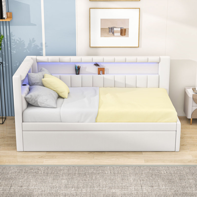 Tynise Twin Upholstered Daybed with USB Ports, LED Lighting and Twin Trundle, White
