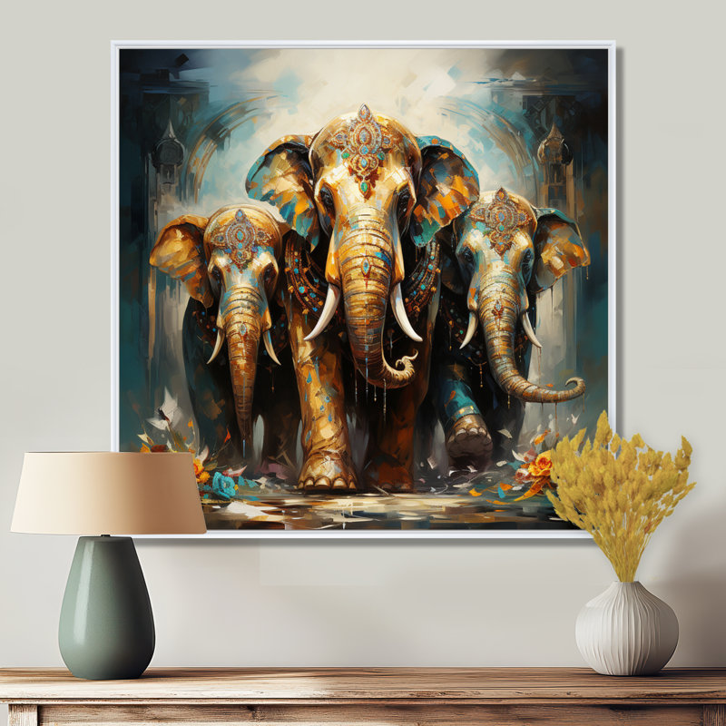 Art asiatique, éléphants thaïlandais X - Art mural asiatique, H 16 po x l 16 po x P 1 po, Cadre flottant blanc
