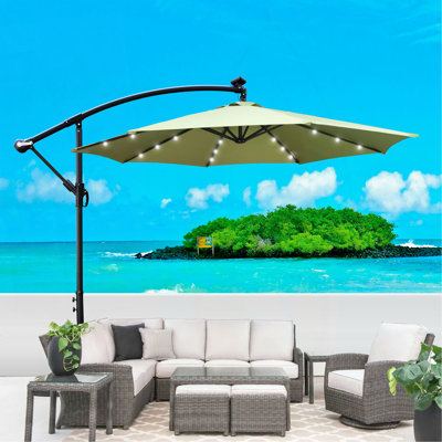 Parasol de terrasse à énergie solaire 10 pi avec parasol 8 lumières à DEL avec manivelle et base transversale pour terrasse de jardin et abri de piscine extérieur