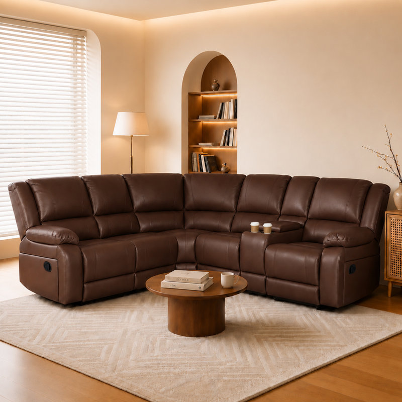 Talley 5-Seat Faux Leather Reclining Sectional Sofa with Storage Console and Drop Down Table, Reddish Brown