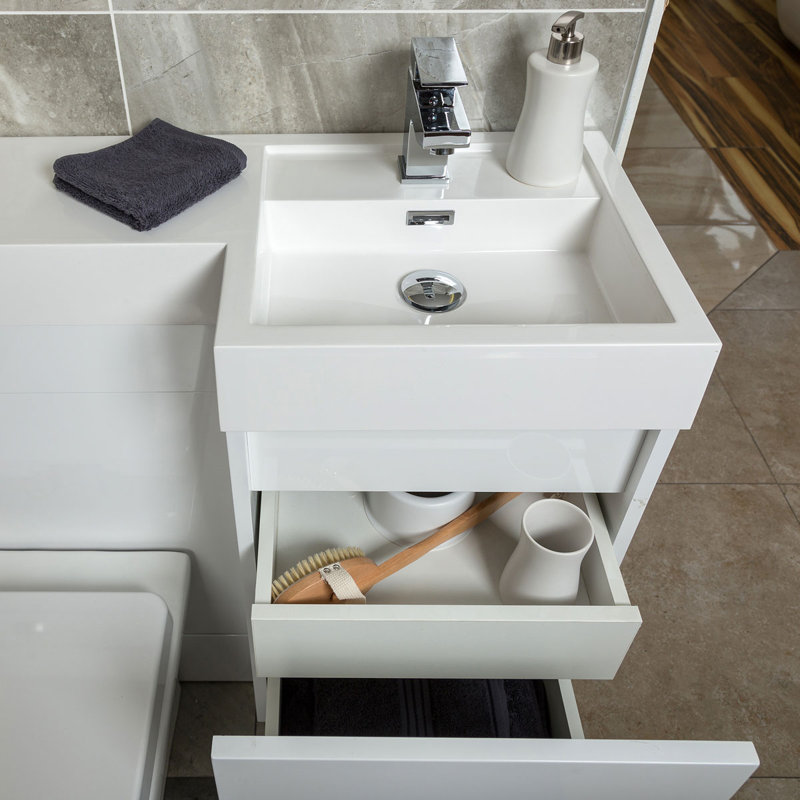 Bathroom Vanity with Integrated Composite Resin Basin, Gloss White