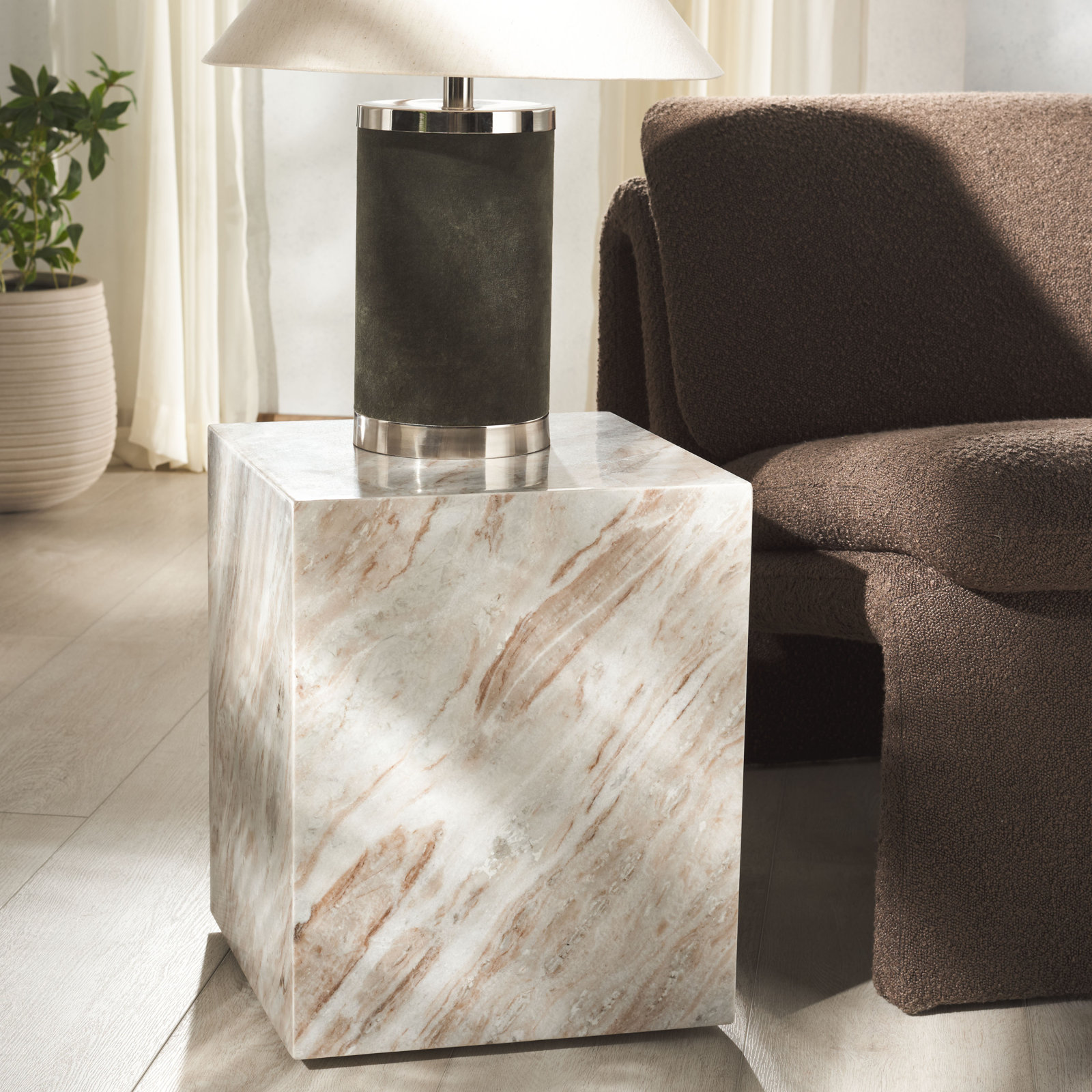 Yantarni 15" Genuine Marble End Table, Brown/White