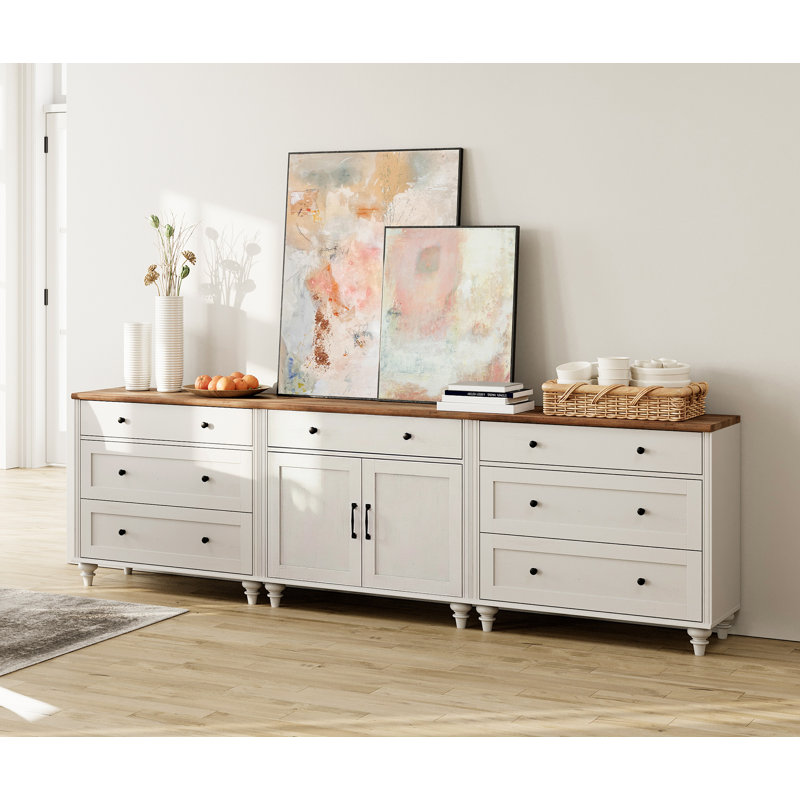 Sideboard Buffet Cabinets With 2 Wood Doors And 8 Drawers, Farmhouse Sideboard Credenza For Dining Room, Modern Large Storage Cabinet For Living Room, White, 102 Inch