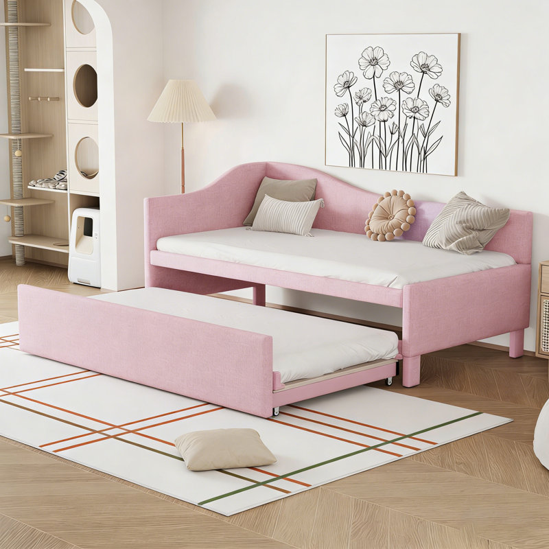 Twin L-Shaped Daybed With Pop-Up Trundle, Pink