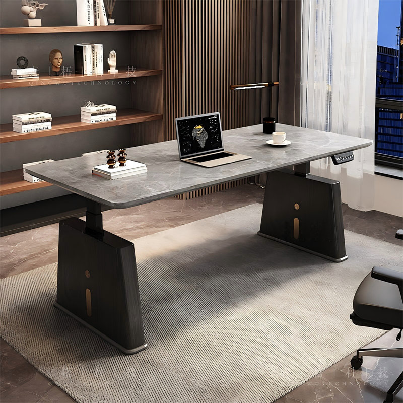 Bureau à hauteur réglable de 55,12 po à dalle de granit, 49.21" H x 55.12" W x27.56" D, Noir; gris; argent