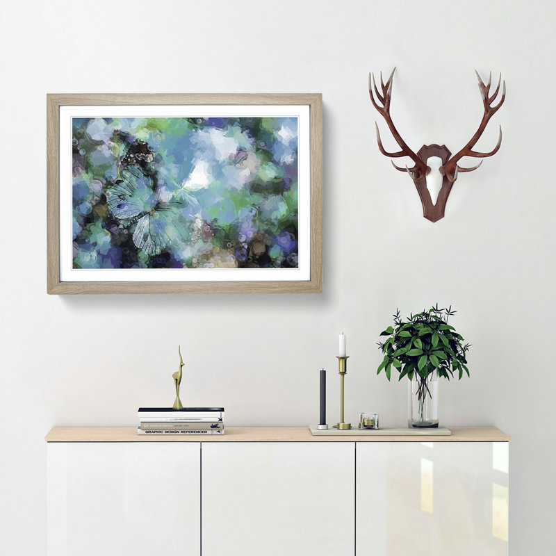 Butterfly upon a Flower in Blue in Abstract - Picture Frame Painting Print, 27cm H x 36cm W x 2cm D, Oak Framed