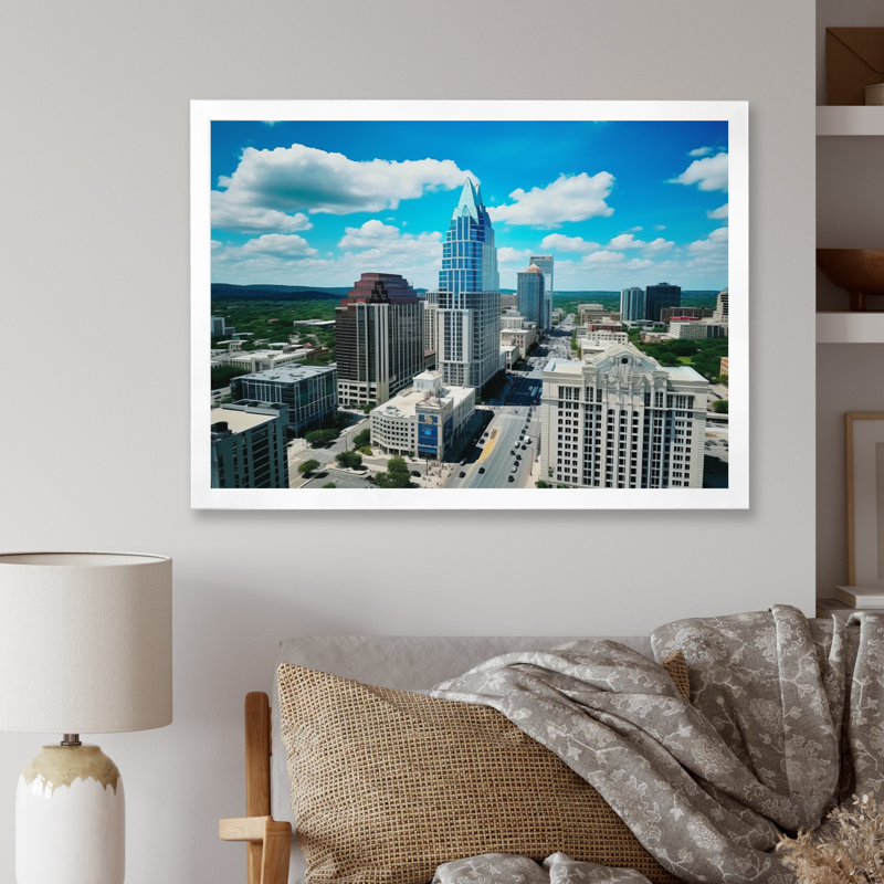 " Austin Dynamic Cityscape III ", 30" H x 40" W x 1.5" D, White Picture Framed