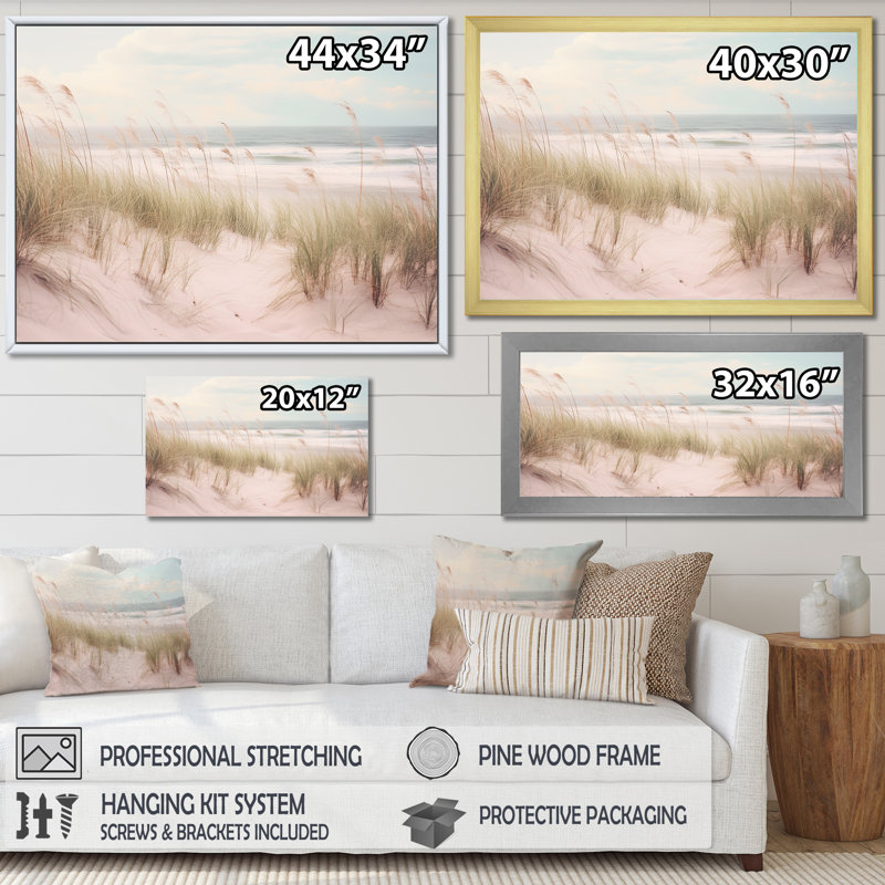 «Ocean Spring Bliss Tender Pastel Beach Grass» - art mural de plage côtière pour le salon, Cadre simple blanc