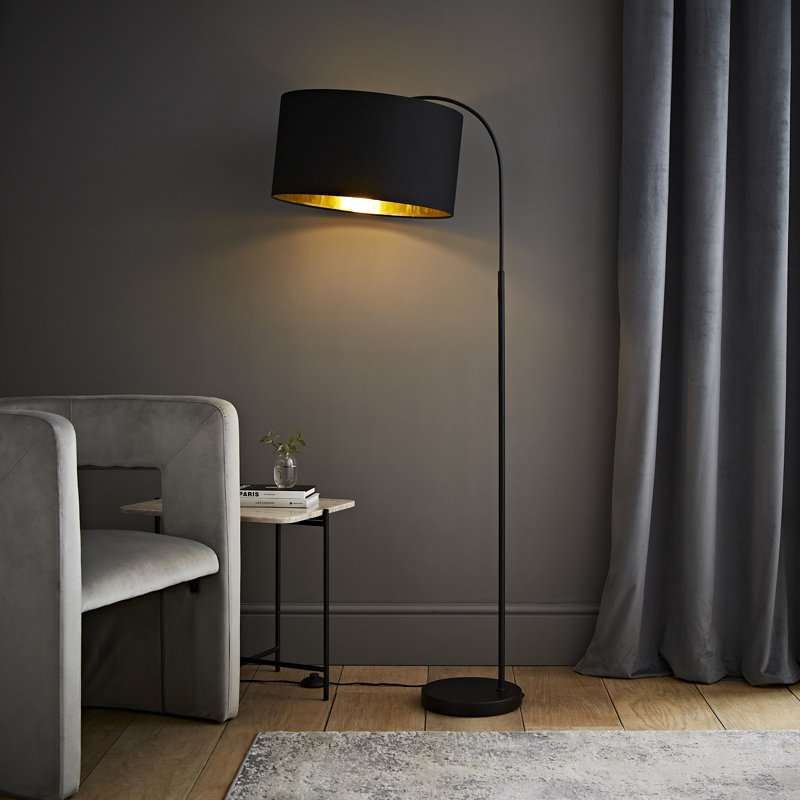 Avacyn 155 cm Curva Trend Black Floor Lamp + Reni Large Black with Gold Inner Drum Shade, Yes