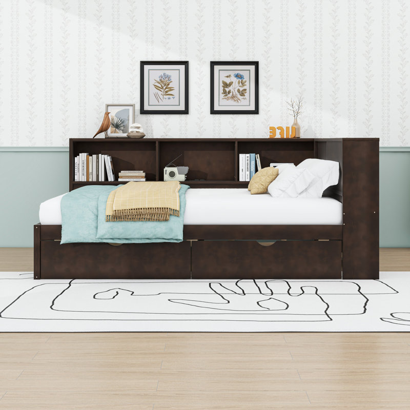 Queen Size Wood Daybed with LED Light Strip, Built-In USB Charging Station and Drawers, Brown
