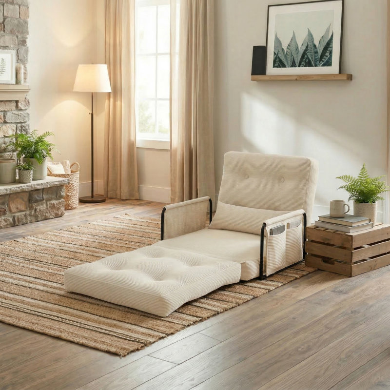 30.7'' Convertible Upholstered Corduroy Sofa Bed Recliner with Accent Pillow&Side Pocket, Beige