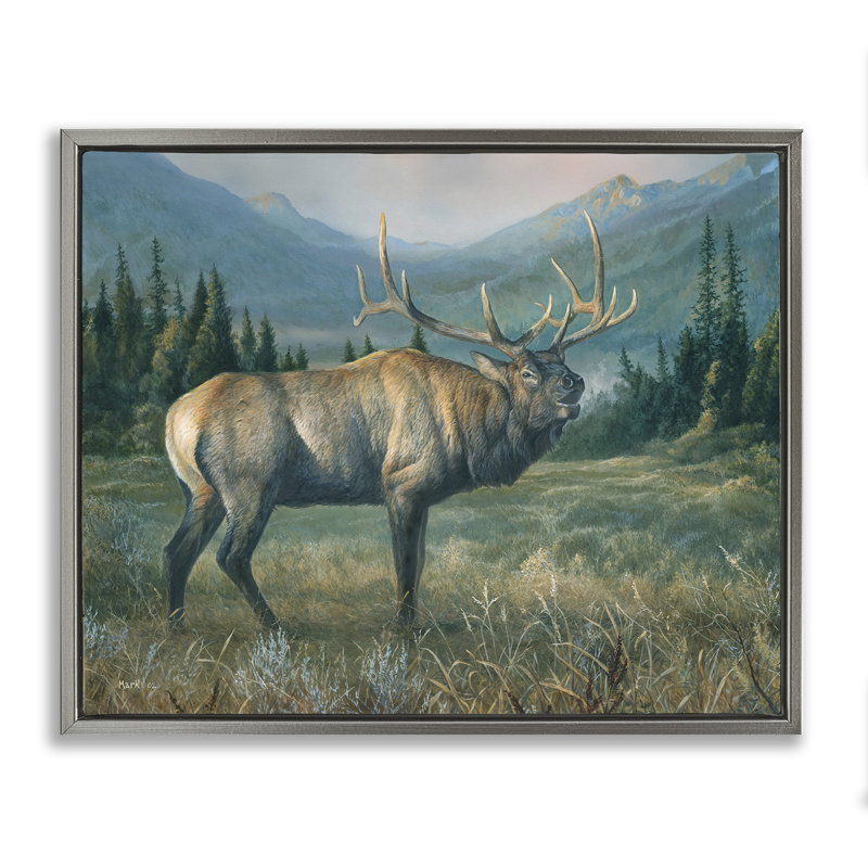 «Powerful Elk in Field» par Laura Mark-Finberg, H 25 po x l 31 po, Cadre flottant noir de jais