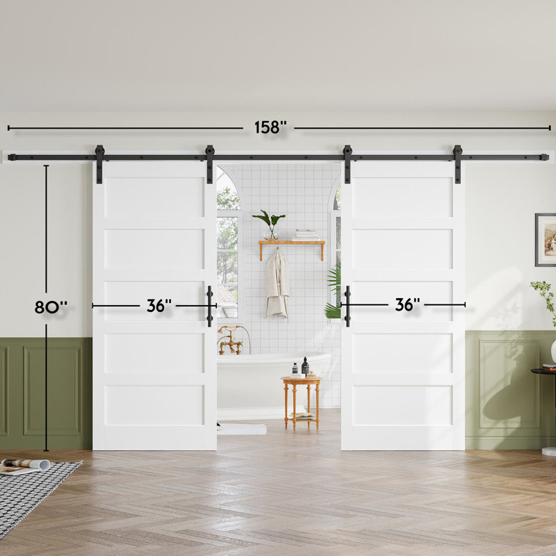 Porte de grange double en bois manufacturé à 5 panneaux avec quincaillerie d'installation, 72 po x 80 po