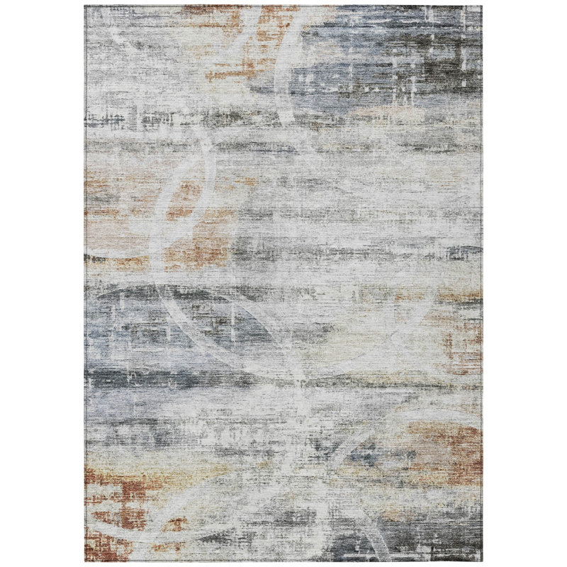 Contemporary Gray and Red Synthetic Washable Area Rug, 3' x 5'