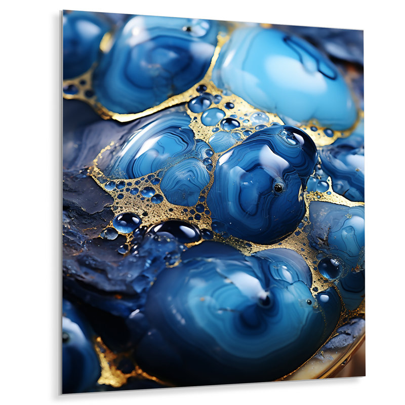 Or et saphir bleu mosaïque de marbre I - impression abstraite d'art mural en métal, H 20 po x l 12 po x P 1 po