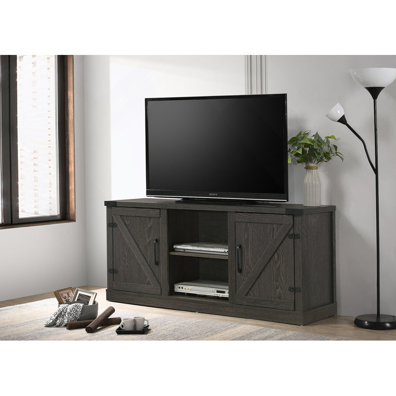Meuble télé de 58 po de largeur avec 2 tablettes ouvertes et 2 armoires, Gris foncé