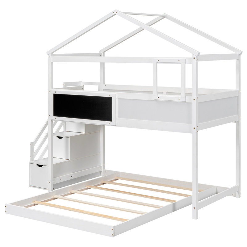 Lit superposé House avec escalier et rangement, Blanc