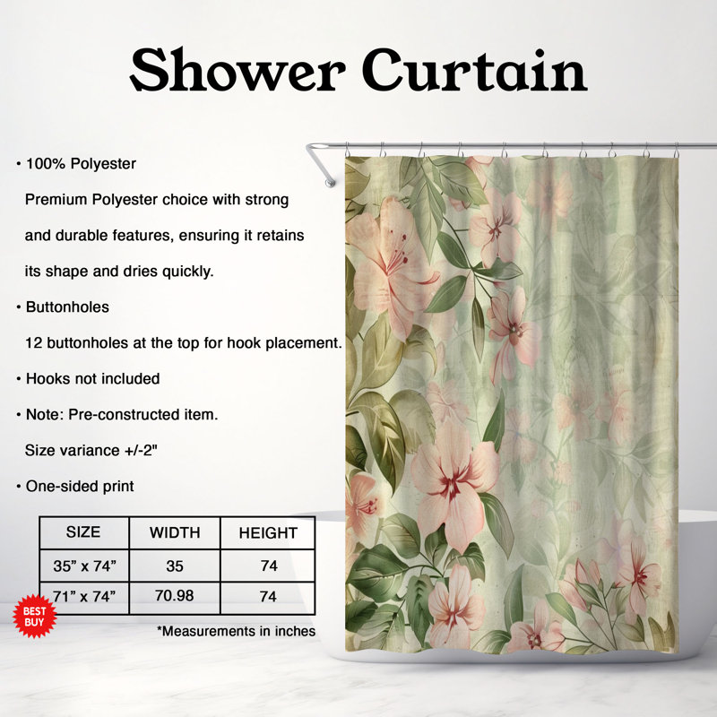 Motif floral rétro - Rideau de douche standard 1 pièce, H 74 po x l 35 po